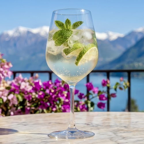 Hugo Spritz cocktail in a wine glass with Prosecco, elderflower, lime, and mint over ice.